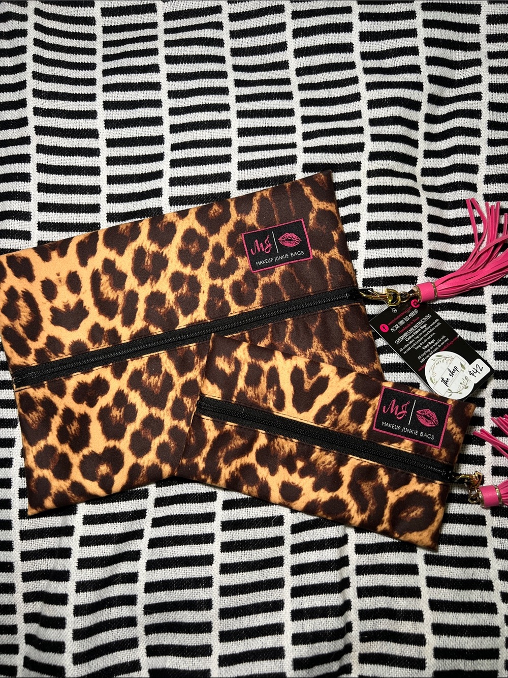 Bundle of 2! Leopard Print Cosmetic Pouches Set with Pink Tassel Accent - Picture 2 of 6